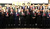 Korean Ambassador to Japan Park Cheol-hee, Japanese Prime Minister Shigeru Ishiba, former Prime Minister Fumio Kishida and other attendees pose for a commemorative photo at a reception hosted by the Korean Embassy in Tokyo to mark the 60th anniversary of Korea-Japan diplomatic normalization at the New Otani Hotel on June 19. [YONHAP]