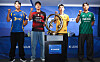 Players attending the K League 1 season-opening media day pose next to the championship trophy at the KFA House in Seoul on Feb. 5. From left: Kim Young-gwon of Ulsan HD FC, Jeon Min-gwang of Pohang Steelers, Lee Min-gi of Gwangju FC and Park Jin-seob of Jeonbuk Hyundai Motors. [NEWS1]