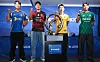 Players attending the K League 1 season-opening media day pose next to the championship trophy at the KFA House in Seoul on Feb. 5. From left: Kim Young-gwon of Ulsan HD FC, Jeon Min-gwang of Pohang Steelers, Lee Min-gi of Gwangju FC and Park Jin-seob of Jeonbuk Hyundai Motors. [NEWS1]