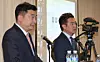 Kim Se-ui, left, head of the YouTube channel Hoverlab, and attorney Bu Ji-seok, legal representative of the family of late actor Kim Sae-ron, hold a press conference related to actor Kim Soo-hyun at Gangnam District, southern Seoul, on May 7. [NEWS1]