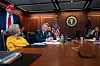 U.S. President Donald Trump, far left, Chair of the Joint Chiefs of Staff Gen. Dan Caine, third from left and White House Chief of Staff Susie Wiles, second from left, meet in the White House Situation Room in Washington on June 21. Later in the day, Trump announced the U.S. military had conducted airstrikes on three Iranian nuclear facilities. [EPA/YONHAP]