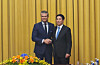 U.S. Defense Secretary Pete Hegseth, left, shakes hands with Vietnamese State President Luong Cuong before their talks in Hanoi on Nov. 2. [YONHAP]