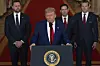 U.S. President Donald Trump, center, announces U.S. airstrikes on three Iranian nuclear facilities in a speech at the White House in Washington on June 21. [AP/YONHAP]
