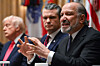 U.S. Secretary of Commerce Howard Lutnick, far right, speaks alongside U.S. Secretary of Defense Pete Hegseth, center, and U.S. President Donald Trump, left, during a cabinet meeting in the Cabinet Room of the White House in Washington on Dec. 2. [AFP/YONHAP]