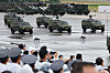 Quadruped robots and unmanned combat aerial vehicles are showcased at a ceremony marking South Korea’s 76th Armed Forces Day at Seoul Air Base in Seongnam, Gyeonggi, Tuesday. [YONHAP]