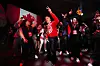 Canadian Prime Minister Mark Carney, center, dances to Canadian band Down With Webster as they play at campaign headquarters after the Liberal Party won the Canadian election in Ottawa on April 29. [AP/YONHAP]