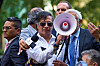 Colombian President Gustavo Petro addresses pro-Palestinian demonstrators, through a translator, accompanied by musician Roger Waters, at Dag Hammarskjold Plaza outside UN headquarters, during the 80th United Nations General Assembly in New York City, U.S., Sept. 26. [REUTERS/YONHAP]
