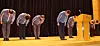 Posco E&C CEO Jeong Hee-min and other executives bow their heads in apology ahead of issuing a statement at the company’s headquarters in Songdo, Incheon, on July 29 regarding a series of fatal workplace accidents. Earlier that morning, President Lee Jae Myung criticized the company during a Cabinet meeting, citing multiple industrial fatalities at Posco E&C sites. [YONHAP]