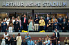 U.S. President Donald Trump salutes before the start of the U.S. Open men's singles final at the Billie Jean King National Tennis Center for the U.S. Open finals on Sept. 7, in New York City. President Trump is attending the U.S. Open men's singles final between Carlos Alcaraz and Jannik Sinner. [GETTY]