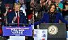 Former US President and Republican presidential candidate Donald Trump, left, speaks at a campaign rally at the PPL Center in Allentown, Pennsylvania, on October 29, 2024, and US Vice President and Democratic presidential candidate Kamala Harris, right, speaks during a campaign rally at Reno Expo Center in Reno, Nevada, on Oct. 31. [AFP/YONHAP]