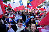 Supporters of Jose Antonio Kast, presidential candidate of the opposition Republican Party, celebrate preliminary results after polls closed for a presidential runoff election in Santiago, Chile, Dec. 14. [AP/YONHAP]