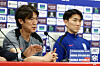 Korean national team manager Hong Myung-bo, left, speaks during a press conference at Basra International Stadium in Basra, Iraq, on June 4. [NEWS1]