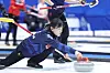 Korean skip Gim Eun-ji releases the stone during the team's round-robin match against Sweden at the LGT World Women's Curling Championship at Uijeongbu Indoor Ice Rink in Uijeongbu, Gyeonggi on March 20. [YONHAP]