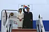President Lee Jae Myung, right, and first lady Kim Hea Kyung depart from Seoul Air Base in Seongnam, Gyeonggi, on Aug. 23 for a six-day trip to Japan and the United States. [JOINT PRESS CORPS]