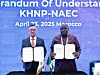 Korea Hydro & Nuclear Power (KHNP) president and CEO Whang Joo-ho, left, and Anthony Ekedegwa, acting head of the Nigeria Atomic Energy Commission (NAEC), pose of photos after signing a memorandum of understanding (MOU) on April 23. [KHNP]