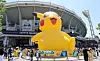 A 15-meter-tall (49-feet-tall) Pikachu inflatable stands in the plaza of Sajik Baseball Stadium in Busan on May 4. [YONHAP]