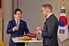 President Lee Jae Myung, left, talks during an interview with a reporter from CNN on Oct. 22. The photo was released by the Korean presidential office on Oct. 25. [PRESIDENTIAL OFFICE]