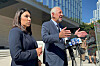 Attorneys Alexandra Kazarian and Mark Geragos address reporters outside of federal court on Sept. 3 in Los Angeles, after their client, Jasveen Sangha, pleaded guilty to giving the ketamine to Matthew Pery that led to the actor's 2023 overdose death. [AP/YONHAP]