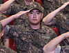 Lee Jee-ho, the son of Samsung Electronics Co. Chairman Lee Jae-yong, gives a salute during a ceremony at the Naval Academy in Changwon, South Gyeongsang on Sept. 23 to begin the Navy's officer candidate training program. [YONHAP]