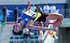 Woo Sang-hyeok clears 2.21 meters at the men's track and field high jump final at the National Sports Festival in Mokpo, South Jeolla on Oct. 18, 2023. [YONHAP]
