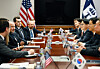 South Korea's Industry Minister Kim Jung-kwan, third from right, and U.S. Commerce Secretary Howard Lutnick, second from left, attend talks on renewed trade tensions between the two countries at the Department of Commerce in Washington on Jan. 29.  [YONHAP]