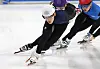 Rim Jong-un, front, skates during the short track speed skating national squad selection contest at Mokdong Ice Rink in western Seoul on April 13. [YONHAP]