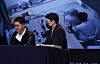 Spire Entertainment CEO Hwang Sung-woo, left, reveals surveillance camera footage of Omega X member Lee Hwi-chan groping the agency's former CEO and Hwang's wife Kang Seong-hee in July 2022, during a press conference held on Tuesday in southern Seoul. [NEWS1]