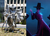 The public statue in Sejong that was demolished after complaints about its “hideous” appearance, left, and a scene from Netflix's ″KPop Demon Hunters″ in which the Saja Boys dress as Korean grim reapers [YONHAP, NETFLIX]