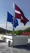 Latvian and EU flags atop the Latvian Embassy in Korea, which was established in 2015. The file photo is dated April 24, 2017. [EMBASSY OF LATVIA IN KOREA]
