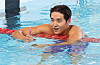 Kim Woo-min celebrates after finishing the men's 400-meter freestyle at the national squad selection contest at Gimcheon Swimming Pool in Gimcheon, North Gyeongsang on Wednesday. [YONHAP]
