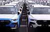 Newly manufactured cars from Japanese automobile maker Subaru awaiting export are parked at a port in Yokohama, Japan, on March 27. [REUTERS/YONHAP]