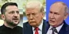 This combination of pictures created on March 18, 2025 shows, from left to right, U.S. President Donald Trump and Ukraine's President Volodymyr Zelensky in the Oval Office of the White House in Washington on Feb. 28, and Russian President Vladimir Putin in Moscow on March 18. [AFP/YONHAP]