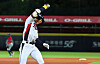 Park Seong-han of Korea celebrates after hitting a two-run triple against the Dominican Republic during the teams' Group B game at the World Baseball Softball Confederation Premier12 at Taipei Tianmu Baseball Stadium in Taipei on Saturday. [YONHAP]