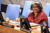 U.S. Ambassador to the United Nations, Linda Thomas-Greenfield, speaks from the president's chair during a UN Security Council meeting at the UN headquarters in New York on Dec. 3. [AFP/YONHAP]
