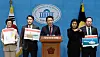 Rep. Sung Il-jong (center), chair of the National Defense Committee, and fellow committee members from the People Power Party hold a press conference at the National Assembly in Yeouido, western Seoul, on March 25, 2025, condemning China’s illegal structures in the Yellow Sea. [NEWS 1]