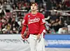 SSG Landers pitcher Kim Kwang-hyun reacts after giving up a three-run home run to Mel Rojas Jr. of the KT Wiz during the fifth-place payoff game at Suwon KT Wiz Park in Suwon, Gyeonggi on Tuesday. [YONHAP]