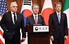 First Vice Foreign Minister Kim Hong-kyun, center, former United States Deputy Secretary of State Kurt Campbell, left, and former Japanese Vice Foreign Minister Masataka Okano, right, attend a Multilateral Sanctions Monitoring Team meeting at the government complex in Jongno District, central Seoul on Oct. 16, 2024. [JOINT PRESS CORPS]