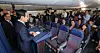 President Lee Jae Myung, second from left, speak during a press conference with domestic reporters aboard the Korean Air Force One en route to Ankara, Turkey, on Nov. 23. [JOINT PRESS CORPS]