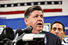 llinois Governor J.B. Pritzker speaks near Texas State Rep. Trey Martinez as Democratic lawmakers from Texas hold a press conference, after they had left their state to deny Republicans the quorum needed to redraw the state's 38 congressional districts, in Carol Stream, Illinois, on Aug. 3. [REUTERS/YONHAP]