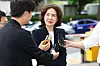 Vice Prime Minister for Social Affairs and Education Minister nominee Lee Jin-sook listens to questions from reporters as she arrives at her confirmation hearing preparation office at the Korea Institute of Educational Facility Safety in Yeouido, western Seoul, on the morning of June 30. [YONHAP]