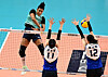 The GS Caltex Seoul Kixx's Gyselle Silva, left, attacks during a V League game against Suwon Hyundai Engineering & Construction Hillstate at Jangchung Arena in central Seoul on Friday. [YONHAP]