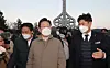 Lee Jae Myung, then presidential candidate of the Democratic Party, visits the commemorative tower at Chupungnyeong Rest Area in Gimcheon, North Gyeongsang, on December 12, 2021. The rest area, the first of its kind in Korea, is located at the midpoint of the Gyeongbu Expressway between Seoul and Busan. The tower symbolizes the construction of the expressway, a project widely credited as a key achievement of the Park Chung Hee administration. [YONHAP]