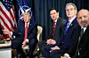 U.S. President Donald Trump, left, speaks with NATO's secretary-general next to U.S. Secretary of State Marco Rubio, second from left, U.S. Secretary of Treasury Scott Bessent, second from right, and U.S. Secretary of Commerce Howard Lutnick during a bilateral meeting on the sidelines of the World Economic Forum annual meeting in Davos on Jan. 21. [AFP/YONHAP]