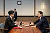 People Power Party leader Han Dong-hoon, left, and President Yoon Suk Yeol, right, speak over tea at the Pine Grass reception hall of the presidential complex in Yongsan District, central Seoul, on Monday afternoon. [PRESIDENTIAL OFFICE]