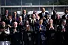South Korean President Yoon Suk Yeol, second row center, poses for photos with other G20 countries’ leaders during the launch ceremony of the Global Alliance Against Hunger and Poverty as part of the G20 summit at the Museum of Modern Art in Rio de Janeiro, Brazil, on Monday. [JOINT PRESS CORPS]