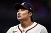 Atlanta Braves shortstop Kim Ha-seong reacts during the eighth inning of a baseball game against the Washington Nationals, in Atlanta on Sept. 22, 2025. [AP/YONHAP]