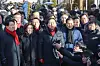 Rep. Kim Gi-hyeon of the conservative People Power Party, center, speaks to reporters after President Yoon Suk Yeol was taken into custody at his official residence in Yongsan District, central Seoul, on Jan. 15. [YONHAP]