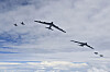 In this photo provided by the Defense Ministry, U.S. Air Force B-52H bombers, center, Korean Air Force KF-16 fighter jets, left, and Japanese Air Self-Defense Force F-2 fighter jets fly in formation during a joint air drill over international waters off Jeju on July 11.  [AP/YONHAP]