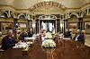 U.S. Secretary of State Marco Rubio, second left, meets with Saudi Foreign Minister Prince Faisal bin Farhan Al Saud, Saudi National Security Advisor Mosaad bin Mohammad Al-Aiban, U.S. National Security Advisor Mike Waltz, third left, U.S. Middle East envoy Steve Witkoff, left, Russian Foreign Minister Sergei Lavrov, right, and Russian President Vladimir Putin's foreign policy advisor Yuri Ushakov, second right, at Diriyah Palace, in Riyadh, Saudi Arabia, Tuesday Feb. 18. [AP/YONHAP]