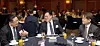 From left, Hana Bank CEO Lee Ho-sung, Financial Services Commission Chairman Kim Byoung-hwan and Korea JoongAng Daily CEO Park Chang-hee converse during the 2025 Korea Economic Forum at Lotte Hotel Seoul in Jung District, central Seoul, on March 20. [PARK SANG-MOON]